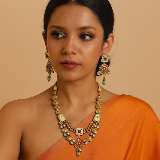 Royal Kundan Antique Gold Necklace Set with Green Beads & Matching Earrings
