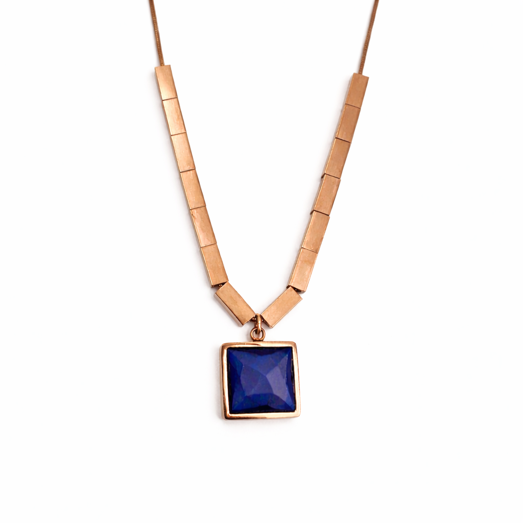 Rose Gold Geometric Blue Stone Square Pendant Necklace