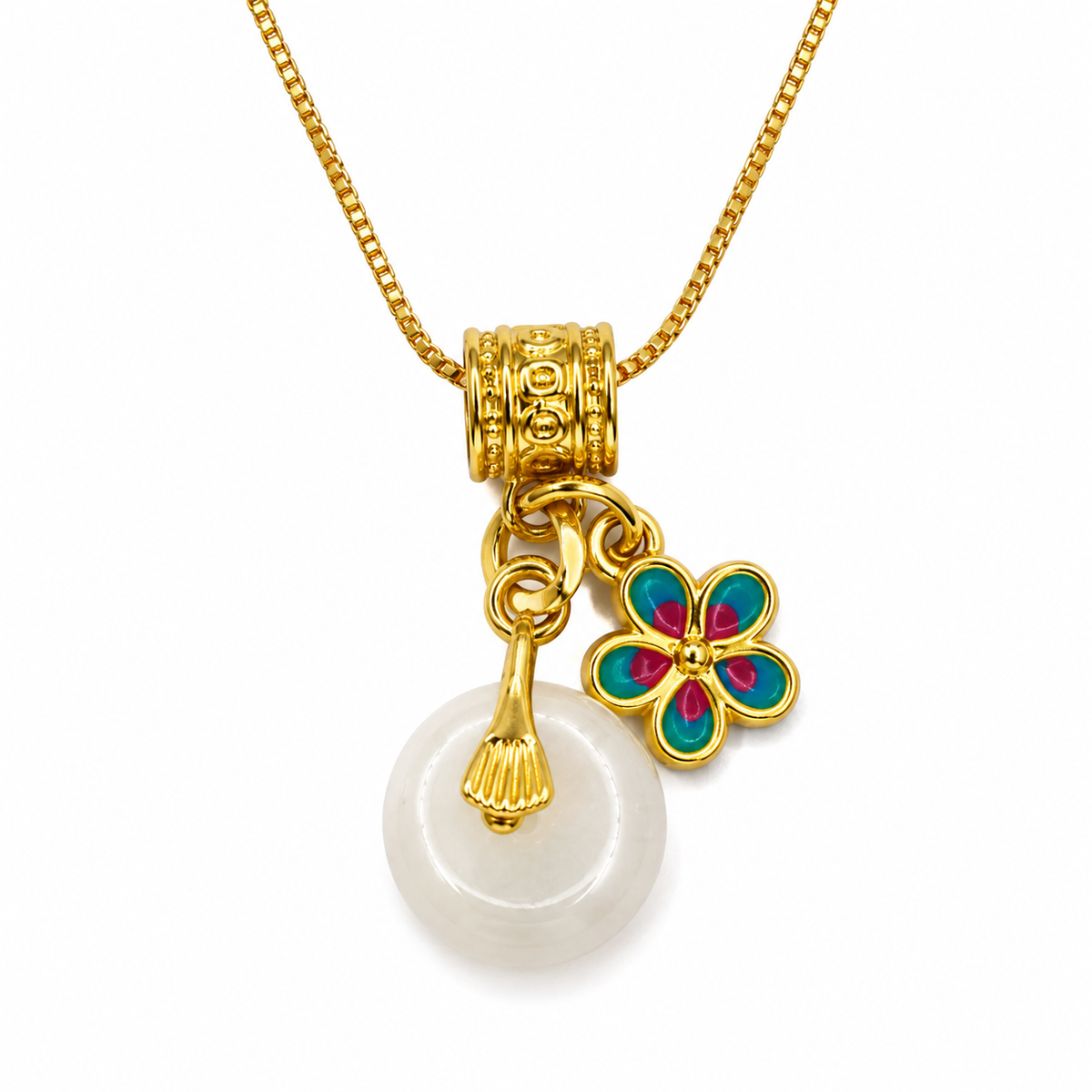 White Jade Donut & Enamel Flower Charm Necklace – Gold Tone