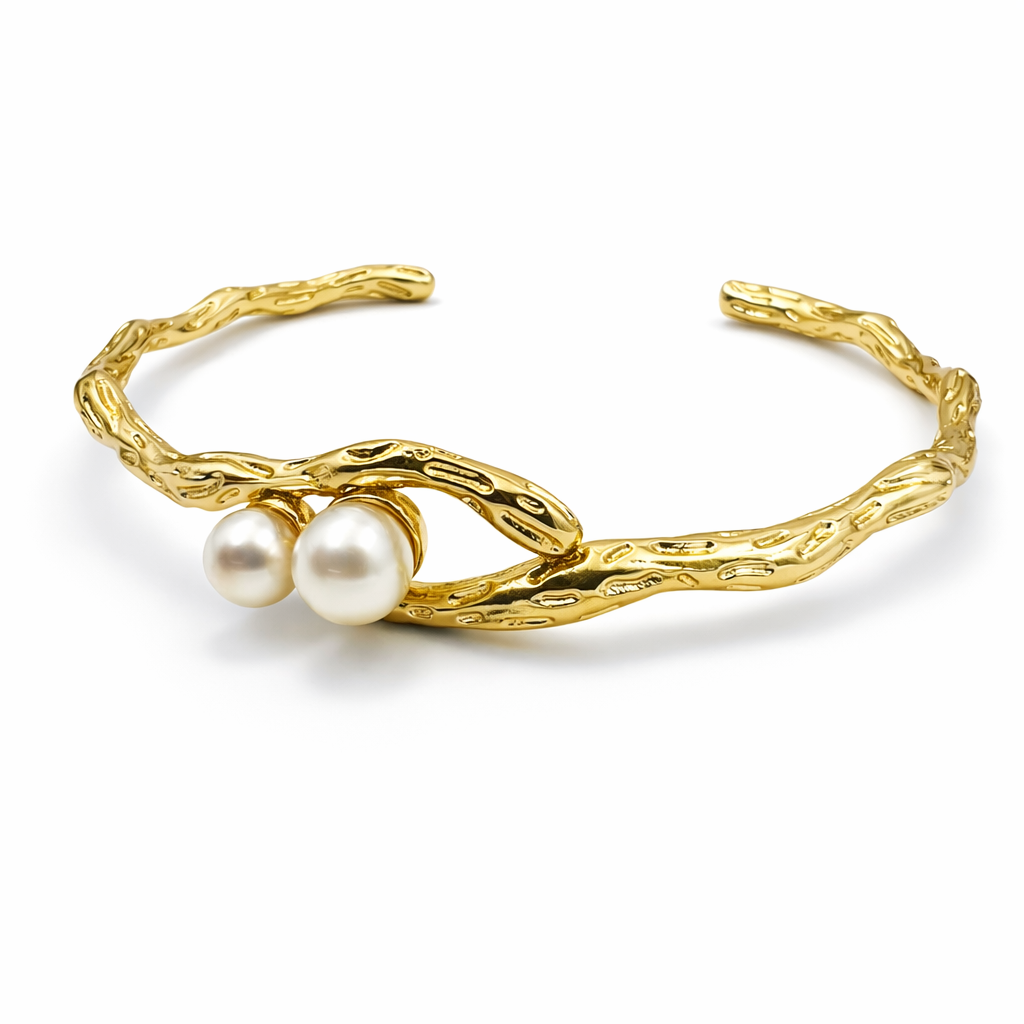 Elegant Gold Textured Open Cuff Bracelet with Dual Pearl Accent