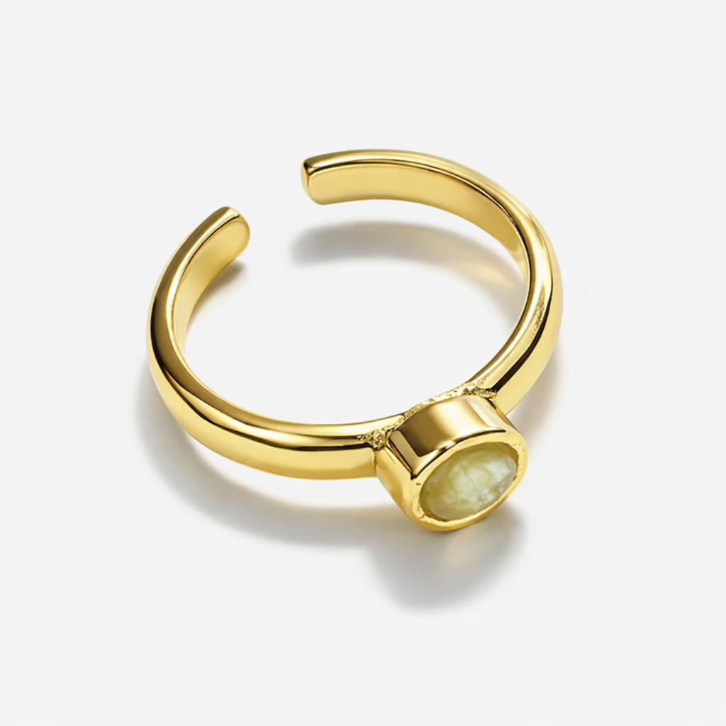 Jinam minimalist gold-tone adjustable ring featuring a natural iridescent shell stone, elegant jewelry accessory.