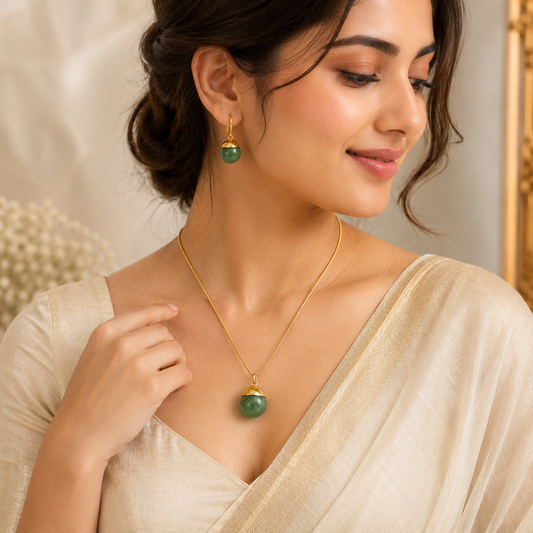 18K Gold Plated Green Stone Necklace & Earrings Set | Jinam