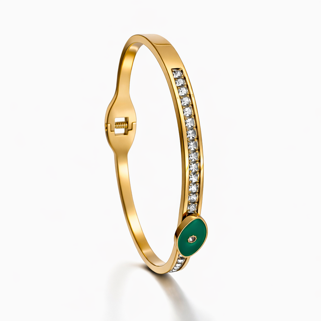 Green Evil Eye Gold Bracelet with Crystal Accents
