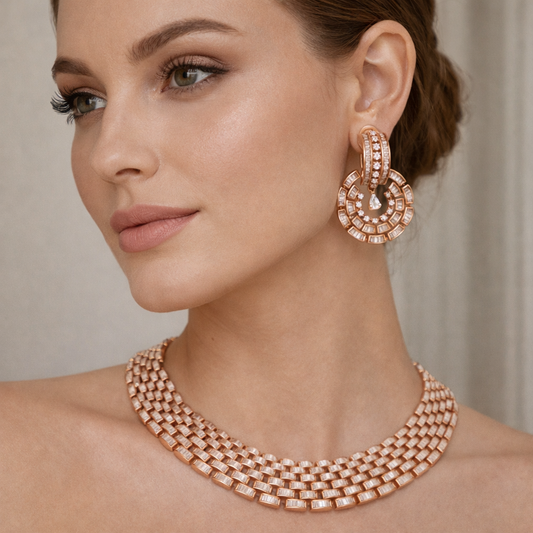 Rose Gold Radiant Baguette AD Necklace Set