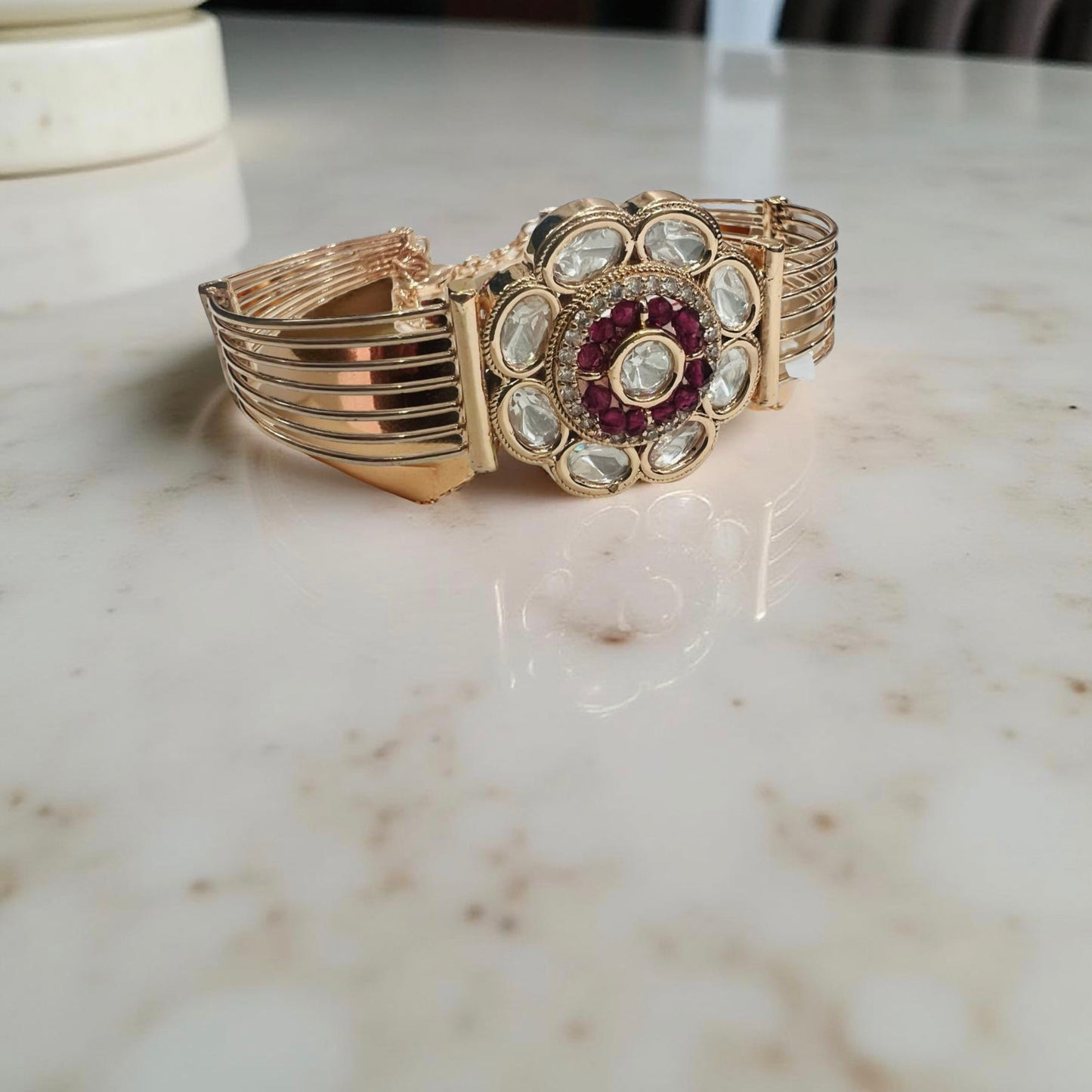 Ruby Kundan Adjustable Bracelet in Rose Gold Finish