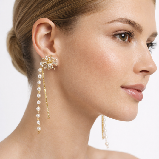 Starburst Pearl Chain Statement Earrings