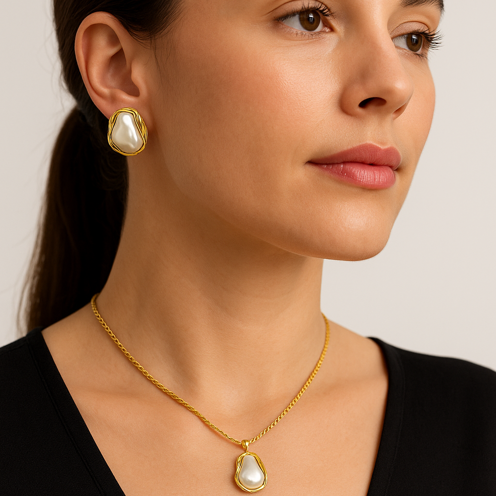 Designer Pearl Pendant & Stud Earrings Set – Anti Tarnish Gold Plated