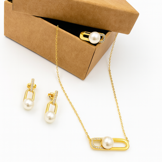 Gold-Plated Pearl Link Jewellery Set for Women (Necklace, Earrings & Ring) | CZ Accents | Anti-Tarnish