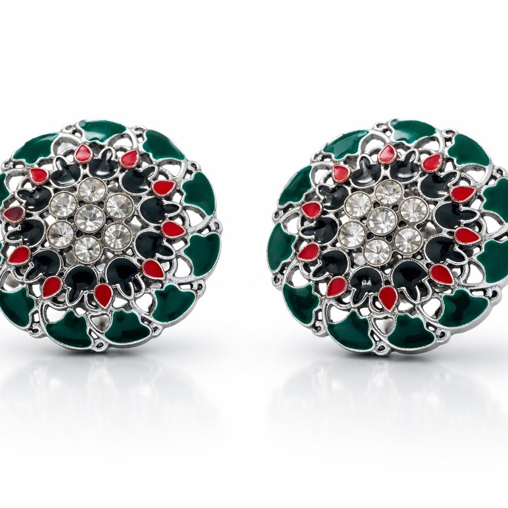 Green Enamel Meenakari Stud Earrings with Rhinestone Centre