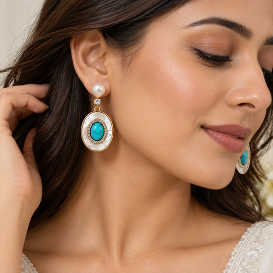 Golden Turquoise Oval Drop Earrings