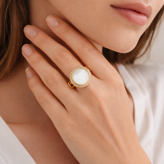 Lustrous Pearl Halo Ring in Gold-Tone Finish