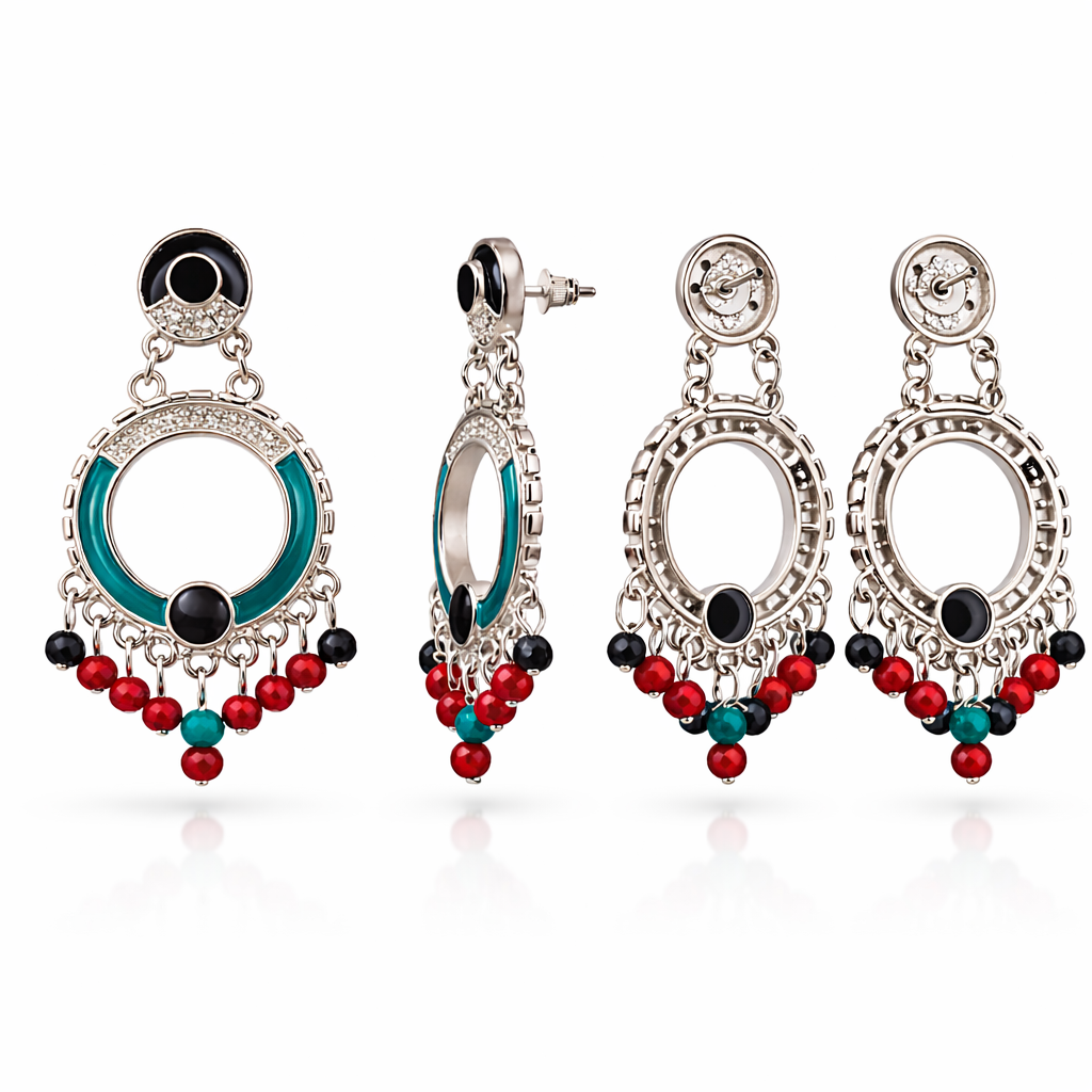 Silver-Tone Teal Enamel Open Hoop Earrings with Multi-Colour Crystal Bead Drops