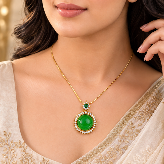 Model wearing Green Jade Diamond Halo Pendant Necklace with saree