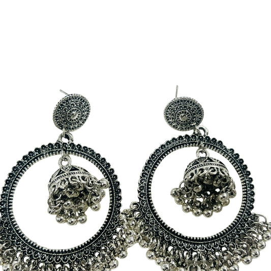 Oxidised Silver Hoop Earrings with Dual Jhumka Design