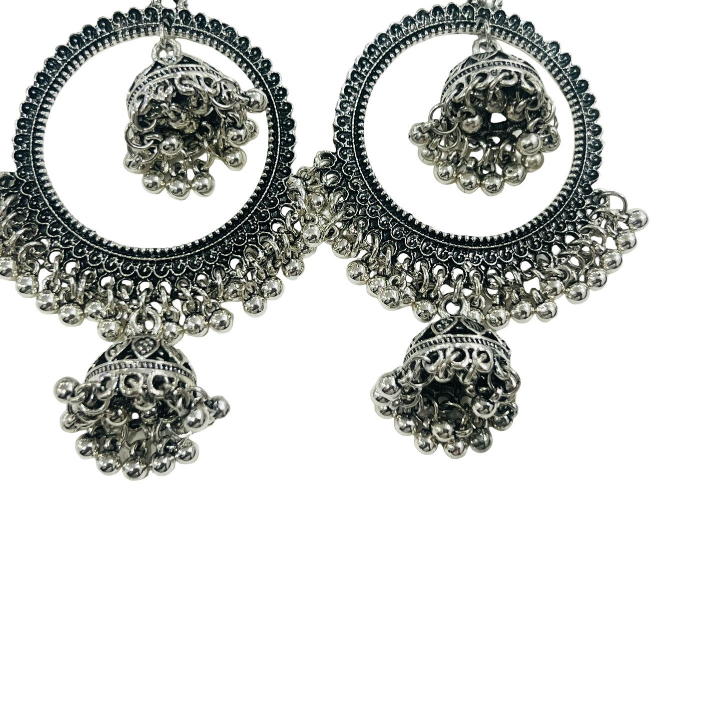 Oxidised Silver Hoop Earrings with Dual Jhumka Design