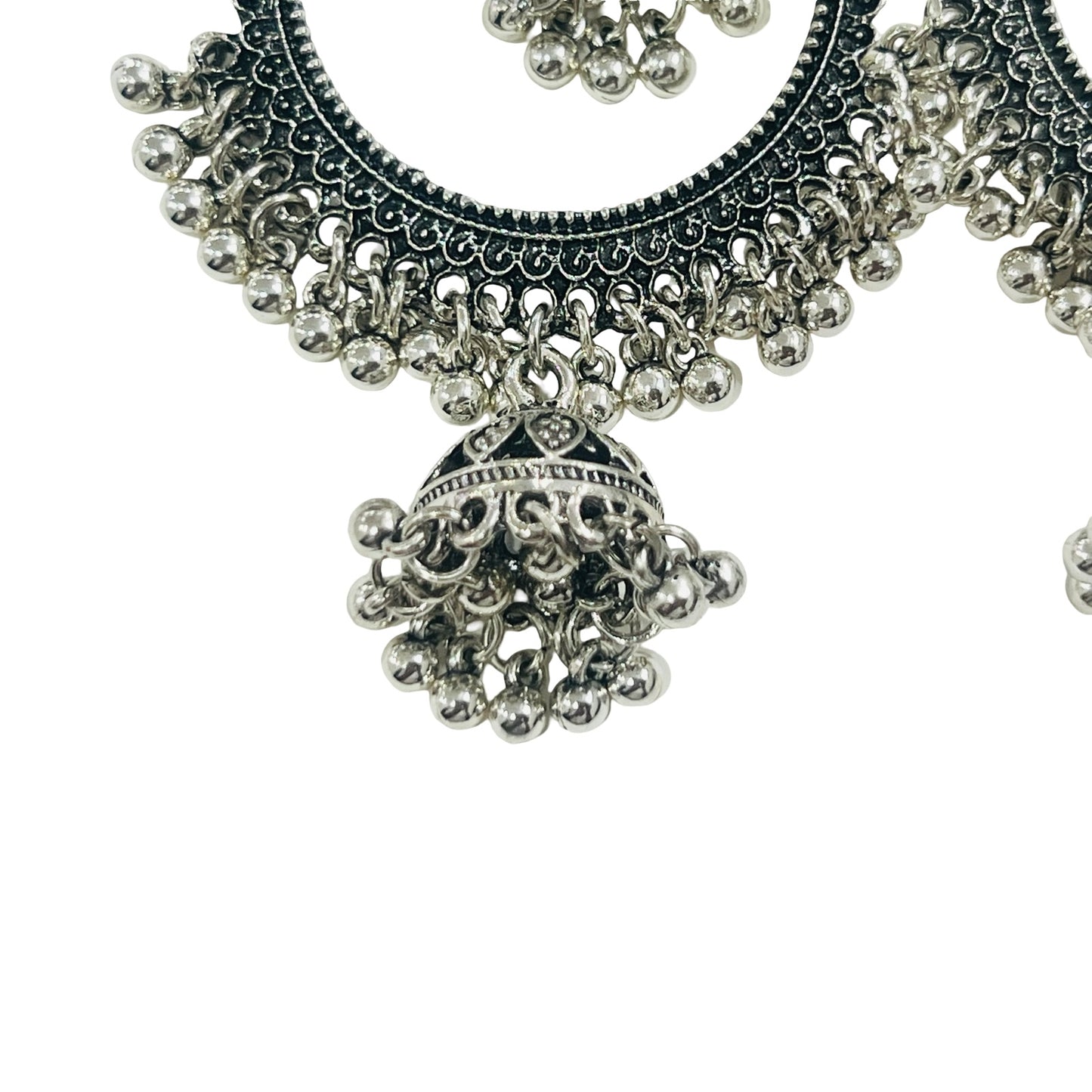 Oxidised Silver Hoop Earrings with Dual Jhumka Design