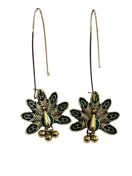 Antique Gold-Plated Peacock Motif Hook Earrings