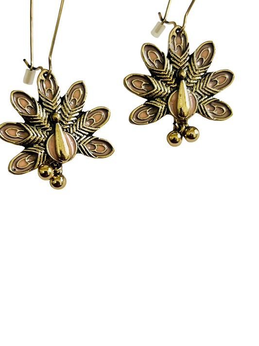 Antique Gold-Plated Peacock Motif Hook Earrings