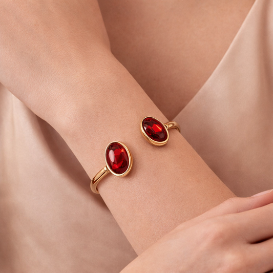 Elegant Ruby Red Oval Stone Gold-Tone Open Cuff Bracelet
