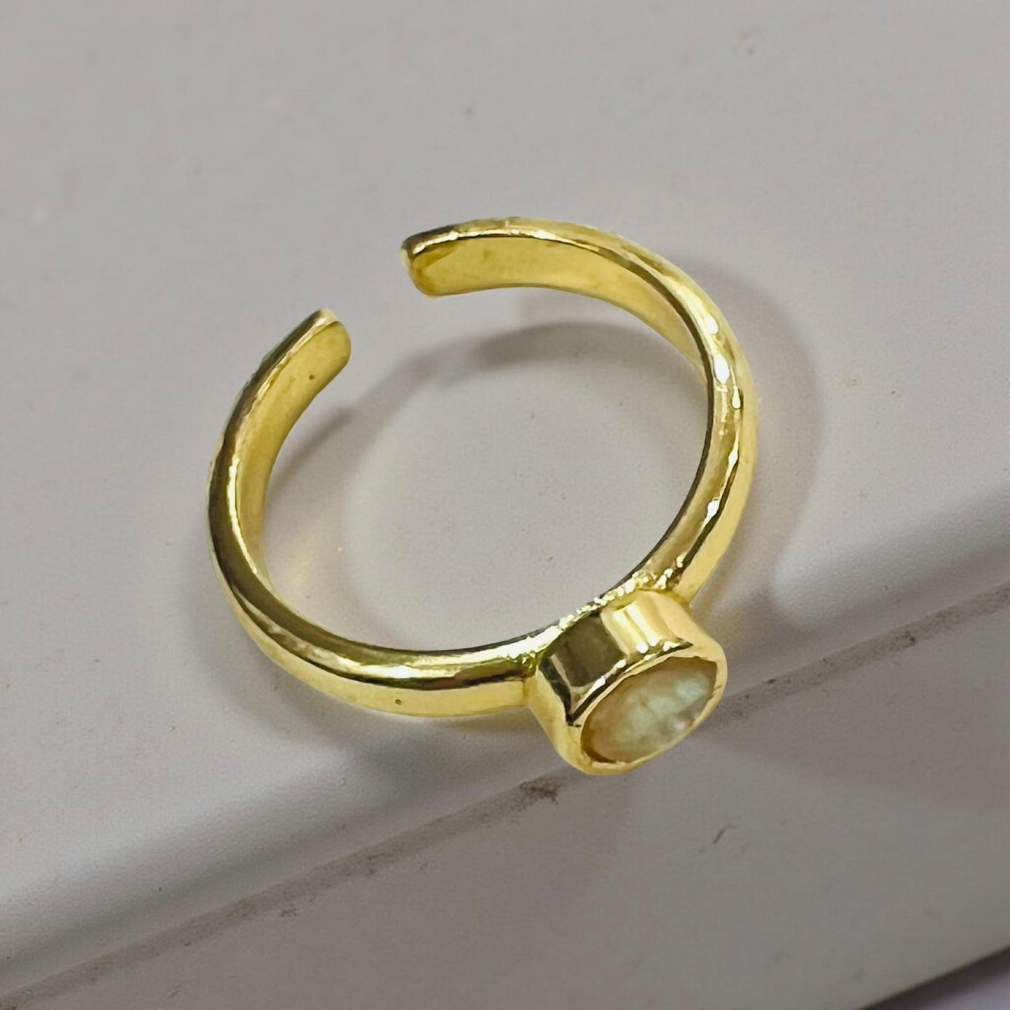 Minimalist Gold-Tone Adjustable Ring with Natural Iridescent Shell Stone