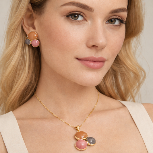 Tri-Stone Gold-Plated Pendant & Stud Earrings Set