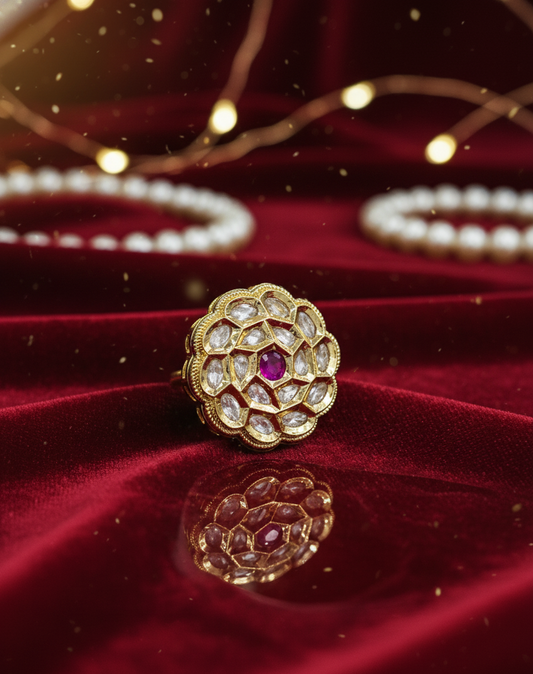 Royal Ruby Polki Floral Ring in Antique Gold Finish