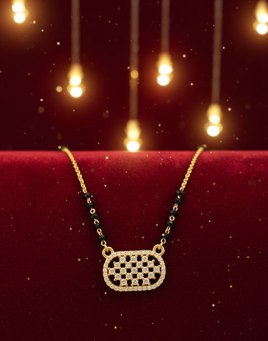 Lattice Oval CZ Mangalsutra Pendant in Gold Finish