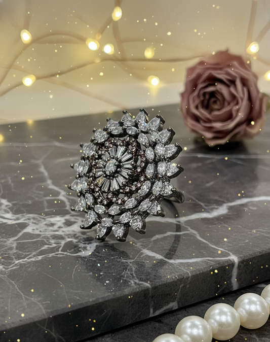 Crystal Radiance Floral Ring in Silver-Tone Finish