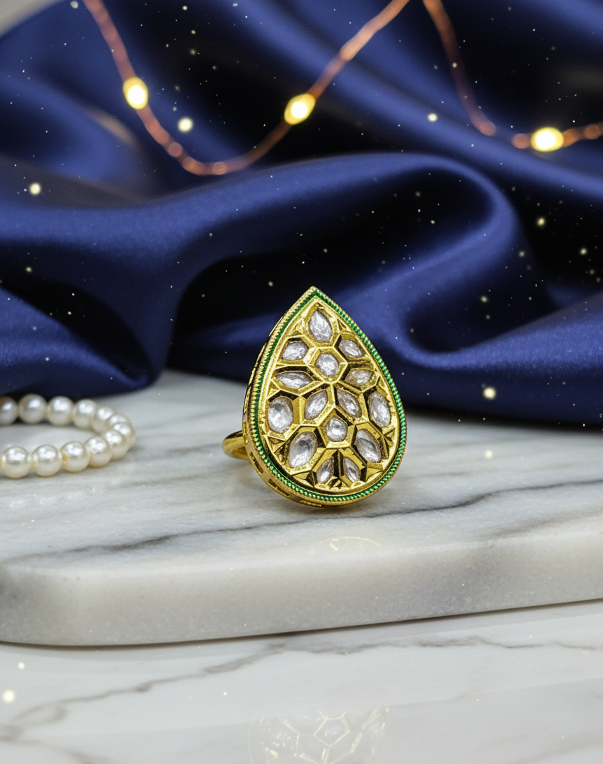 Teardrop Polki Ring in Antique Gold Finish