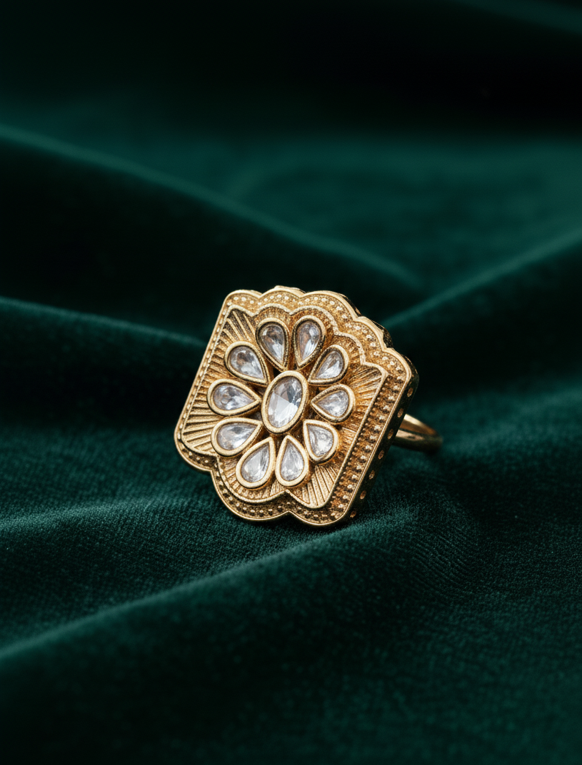 Heritage Polki Square Ring in Antique Gold Finish