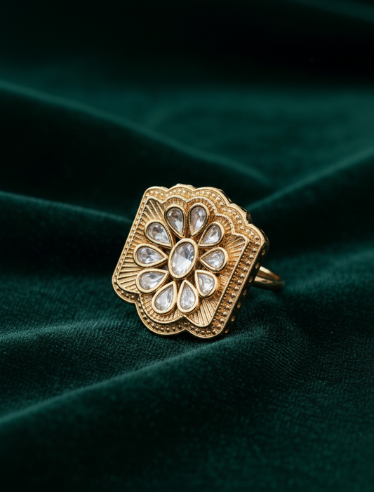 Heritage Polki Square Ring in Antique Gold Finish