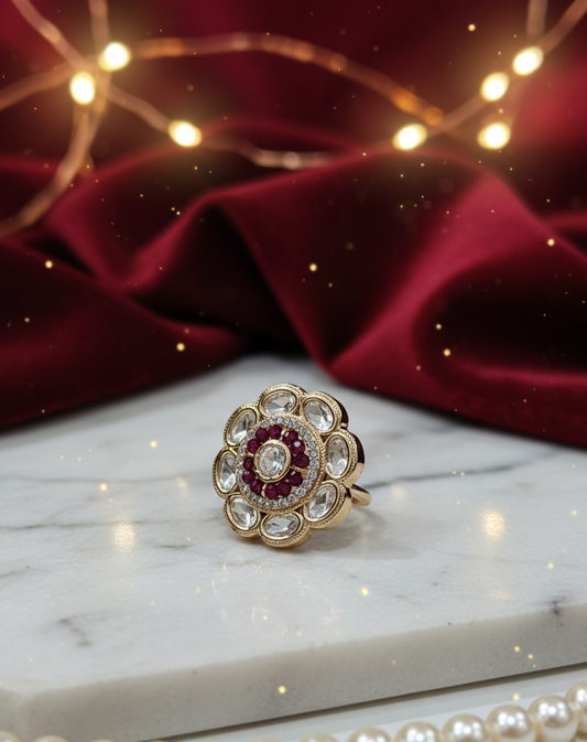 Ruby Polki Floral Ring in Antique Gold Finish