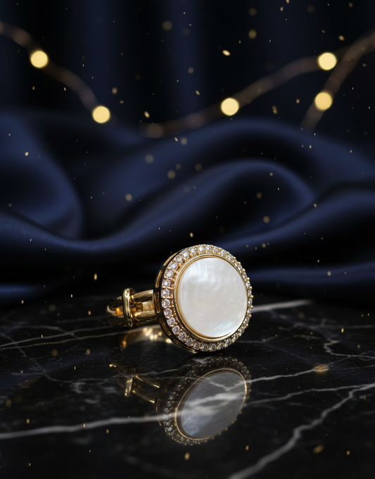 Lustrous Pearl Halo Ring in Gold-Tone Finish
