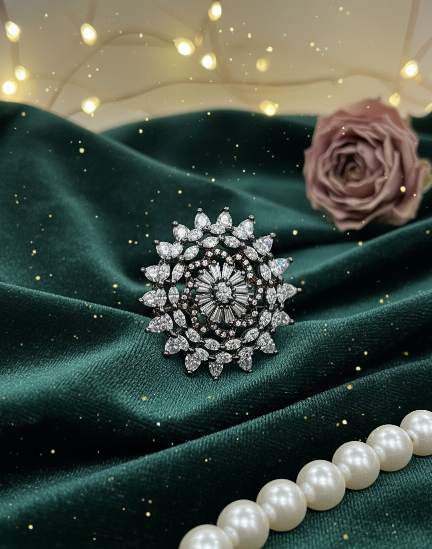 Crystal Radiance Floral Ring in Silver-Tone Finish
