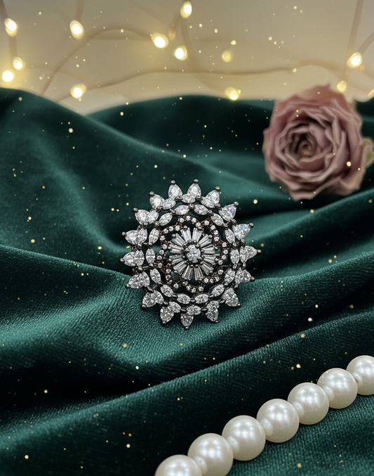 Crystal Radiance Floral Ring in Silver-Tone Finish