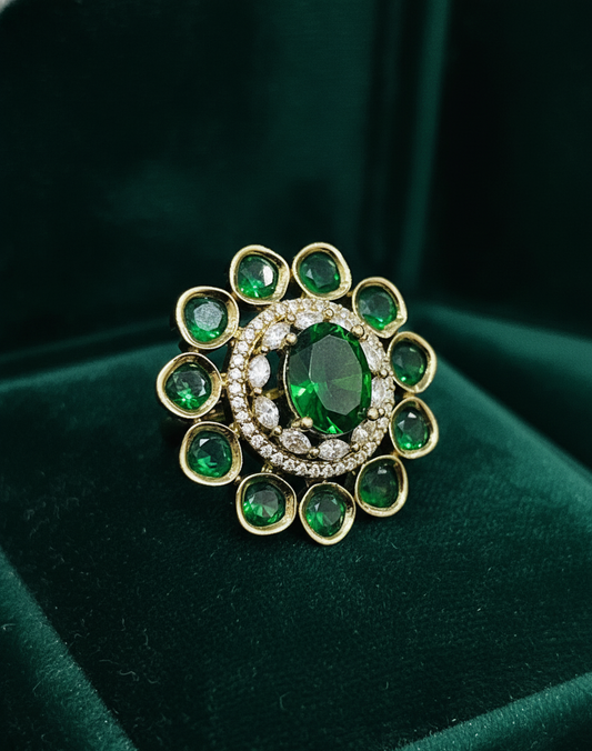 Emerald Blossom Polki Ring in Gold-Tone Finish