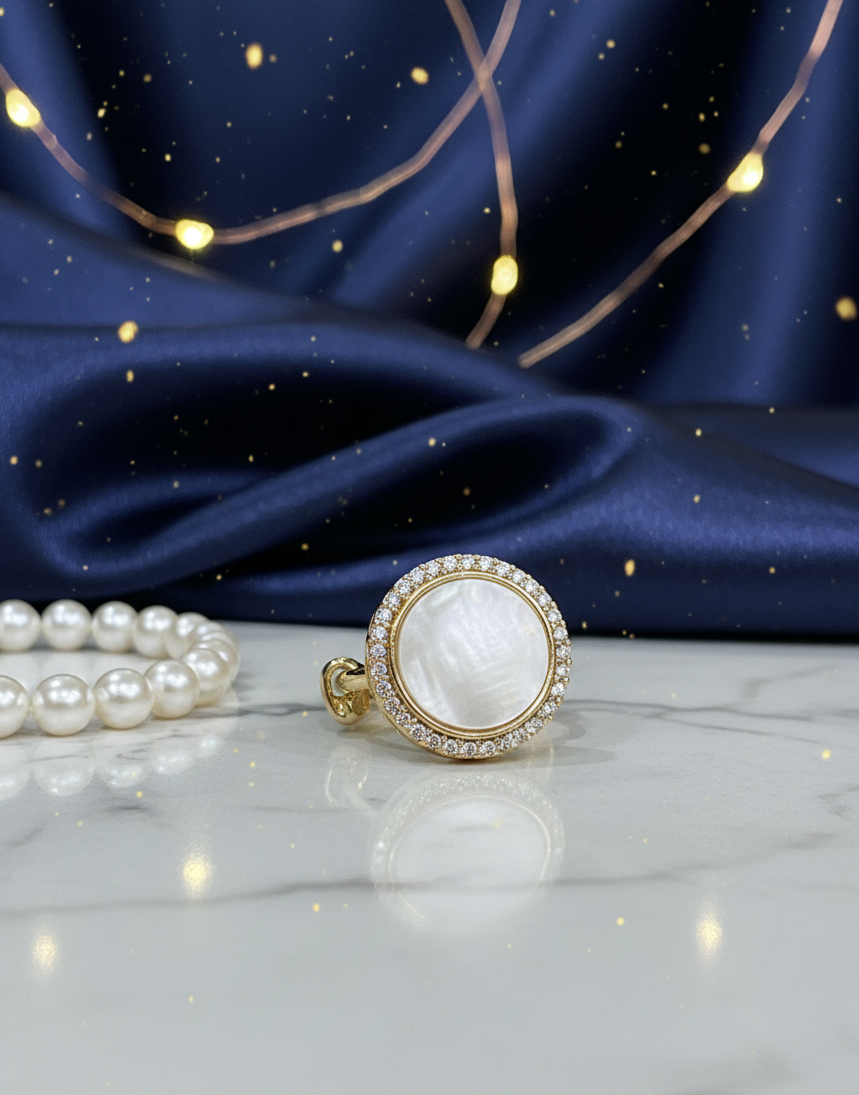 Lustrous Pearl Halo Ring in Gold-Tone Finish
