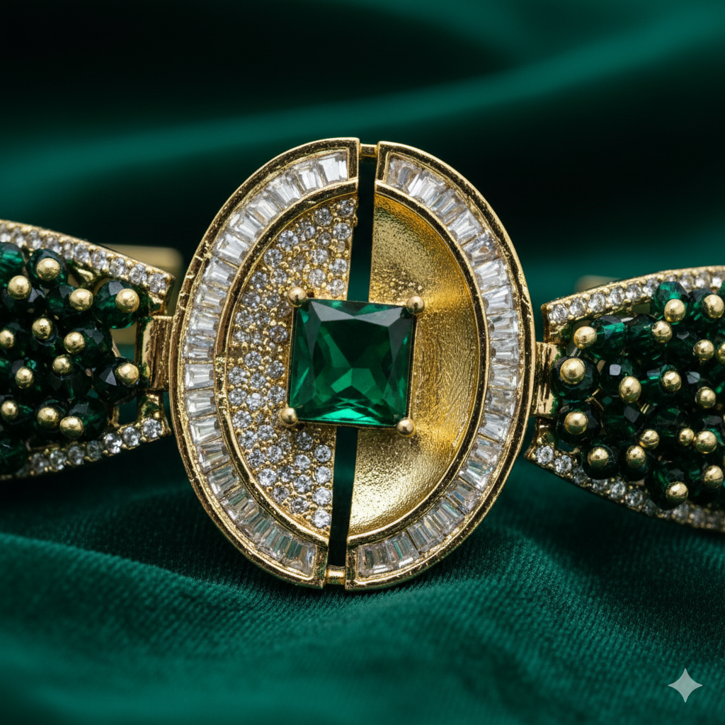 Regal Emerald & Gold-Tone Cuff Bracelet - Adjustable Green Beaded Bridal/Festive Jewelry