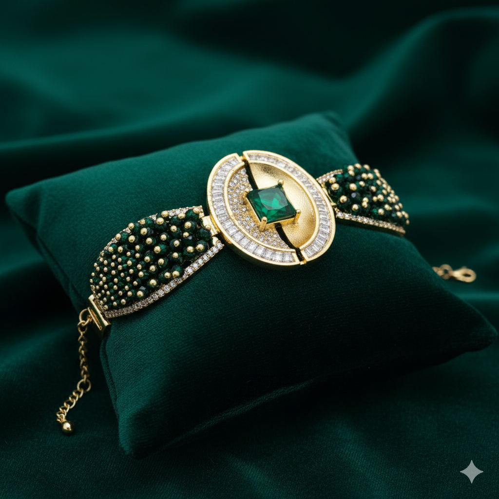Regal Emerald & Gold-Tone Cuff Bracelet - Adjustable Green Beaded Bridal/Festive Jewelry