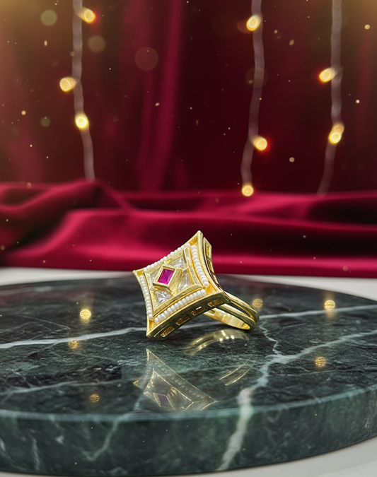 Regal Ruby Square Kundan Ring in Gold-Tone Finish