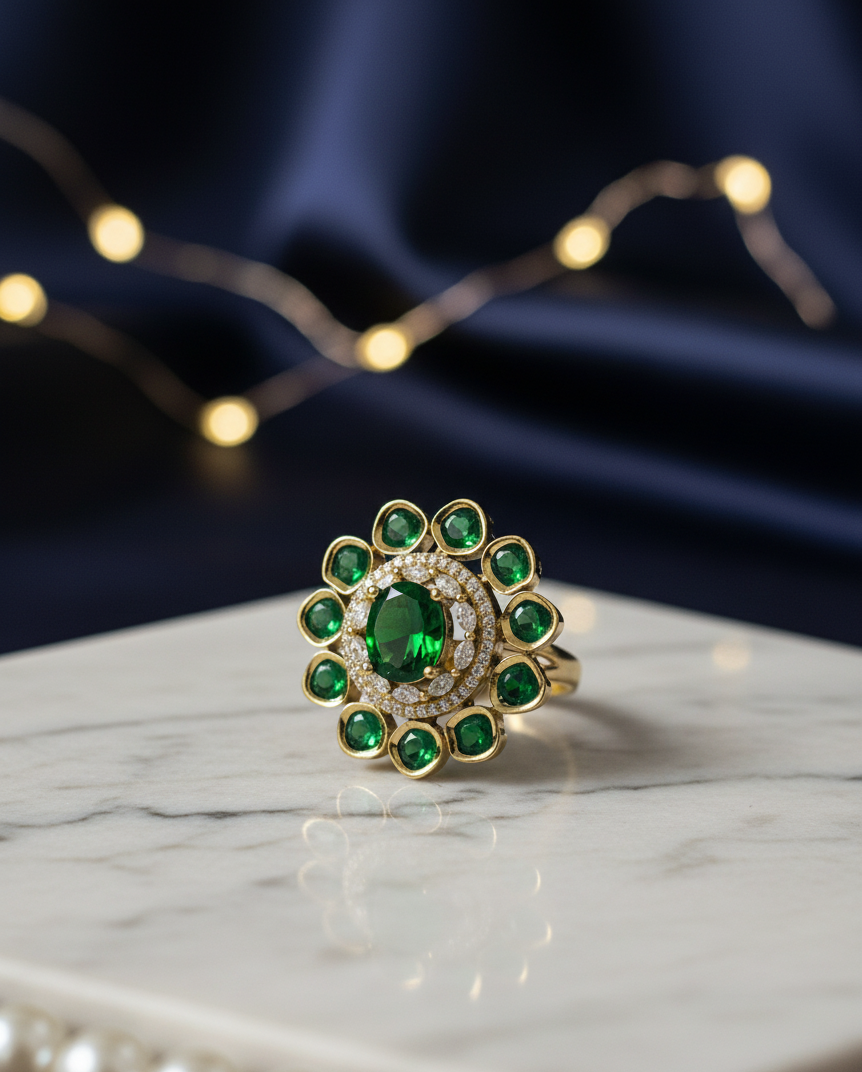 Emerald Blossom Polki Ring in Gold-Tone Finish