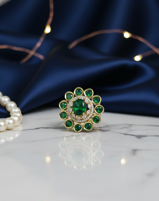 Emerald Blossom Polki Ring in Gold-Tone Finish