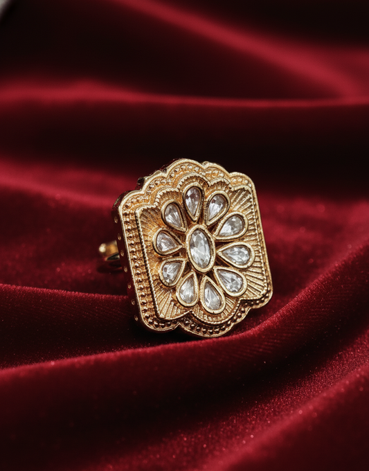 Heritage Polki Square Ring in Antique Gold Finish