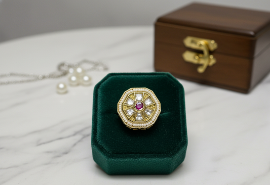 Royal Ruby Polki Statement Ring in Gold-Tone Finish