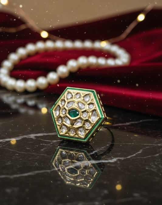 Emerald Hexa Polki Ring in Antique Gold Finish