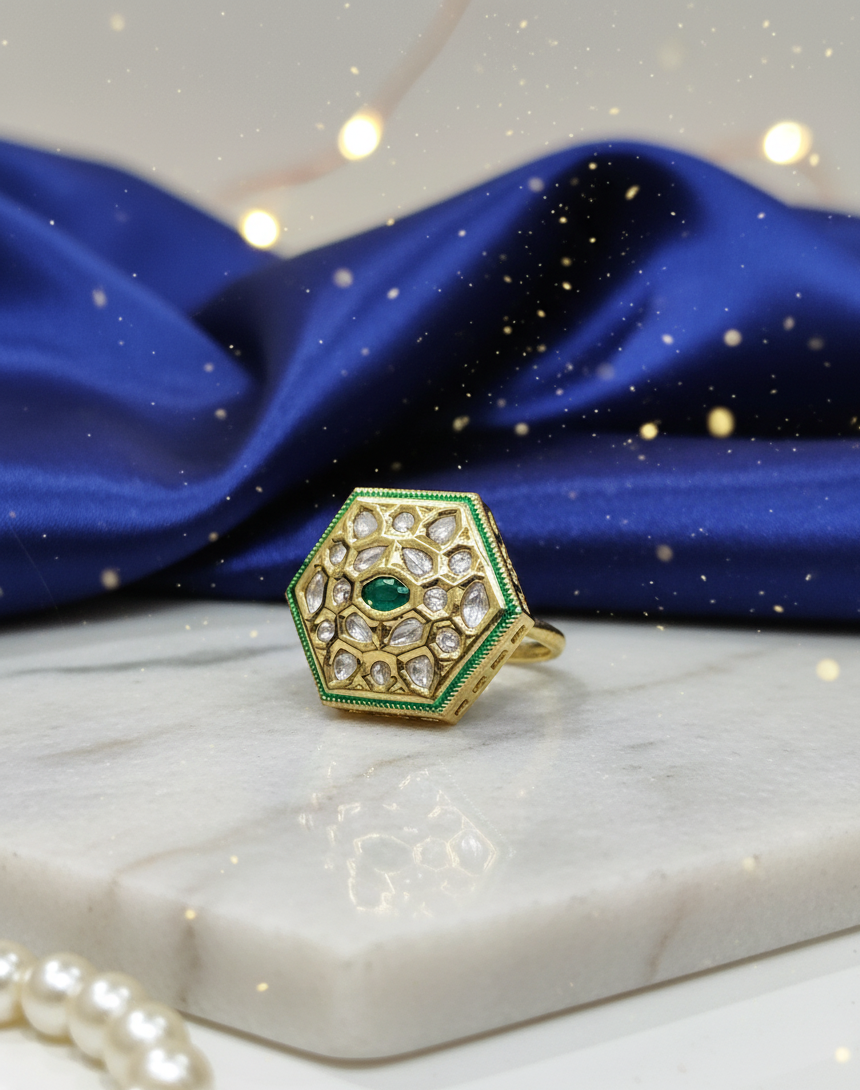 Emerald Hexa Polki Ring in Antique Gold Finish