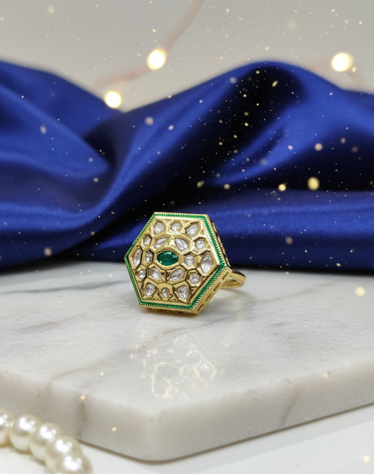 Emerald Hexa Polki Ring in Antique Gold Finish