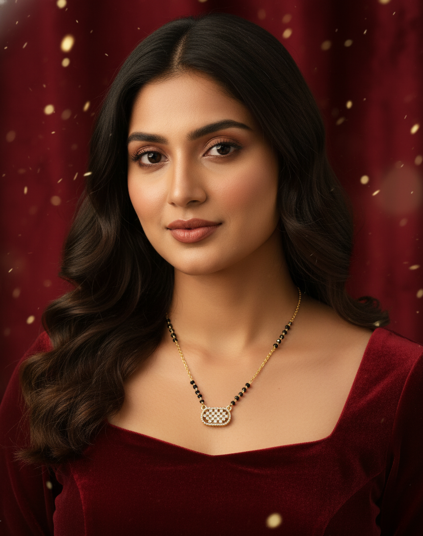 Lattice Oval CZ Mangalsutra Pendant in Gold Finish
