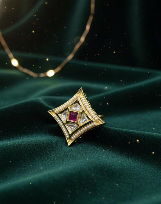 Regal Ruby Square Kundan Ring in Gold-Tone Finish