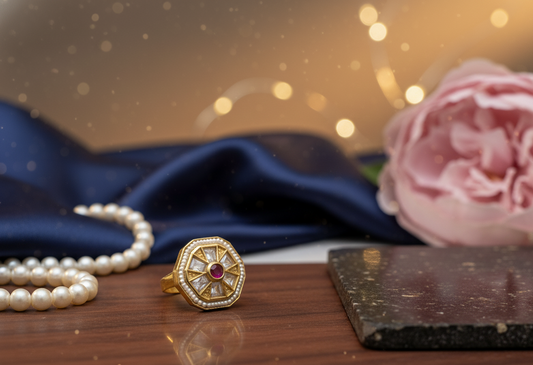 Royal Ruby Polki Statement Ring in Gold-Tone Finish